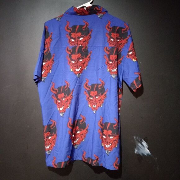 Gothic Devil Shirt Blue Short Sleeve Japanese Devil Mask  - Picture 5 of 6